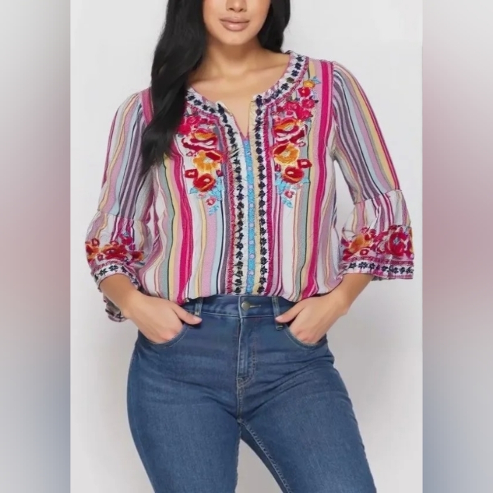 SAVANNA JANE Floral Embroidered Striped Top, Size Large